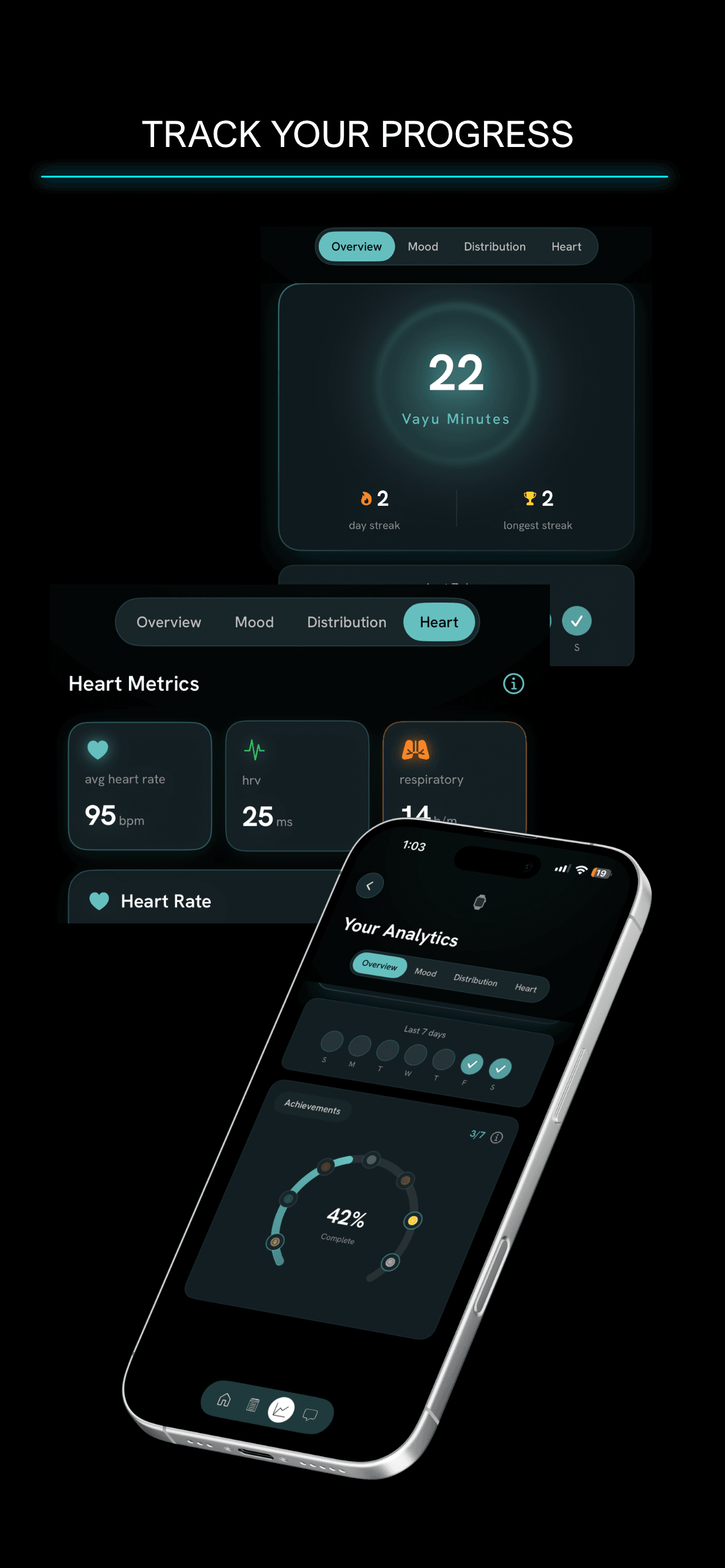 Vayu progress tracking — Vayu minutes, streaks, heart rate and HRV metrics