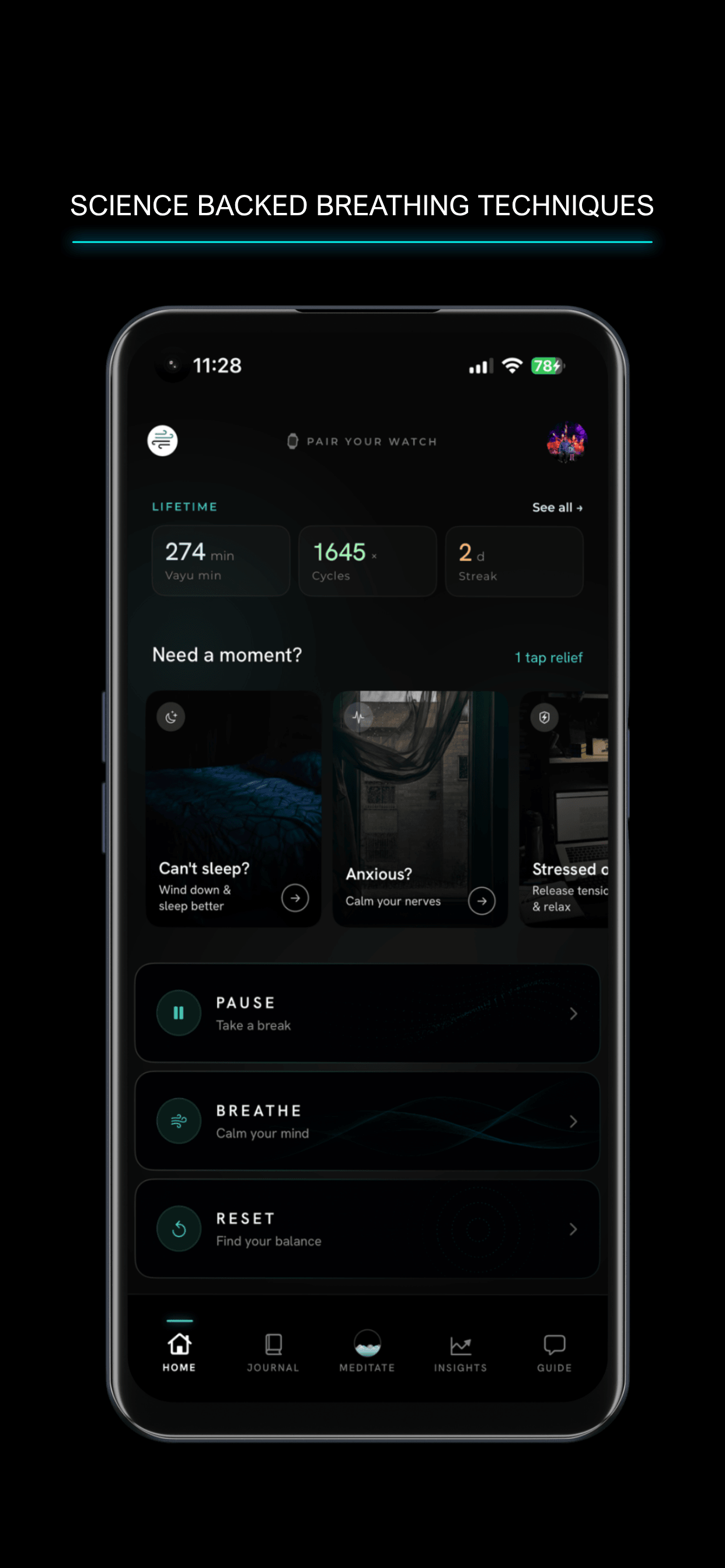 Vayu home screen,science-backed breathing techniques
