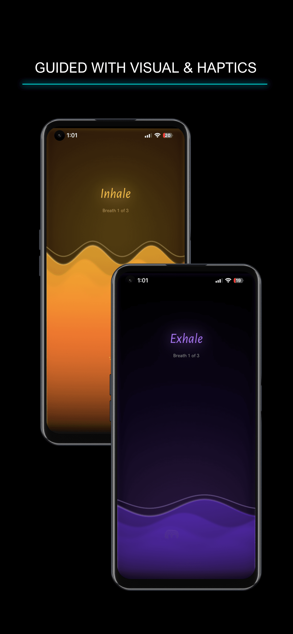 Vayu guided breathing on two phones — Inhale and Exhale screens with visual and haptic guidance