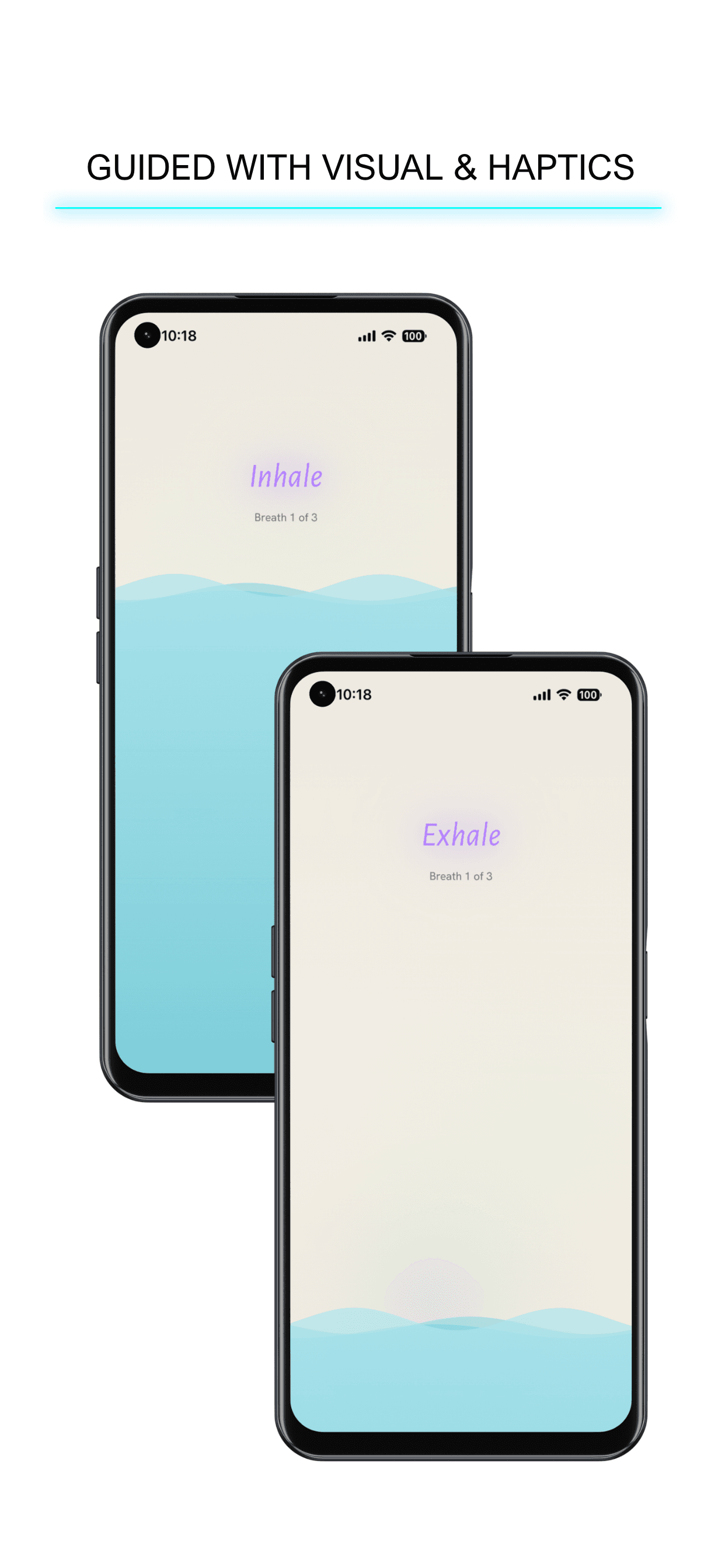 Vayu guided breathing on two phones — Inhale and Exhale screens with visual and haptic guidance
