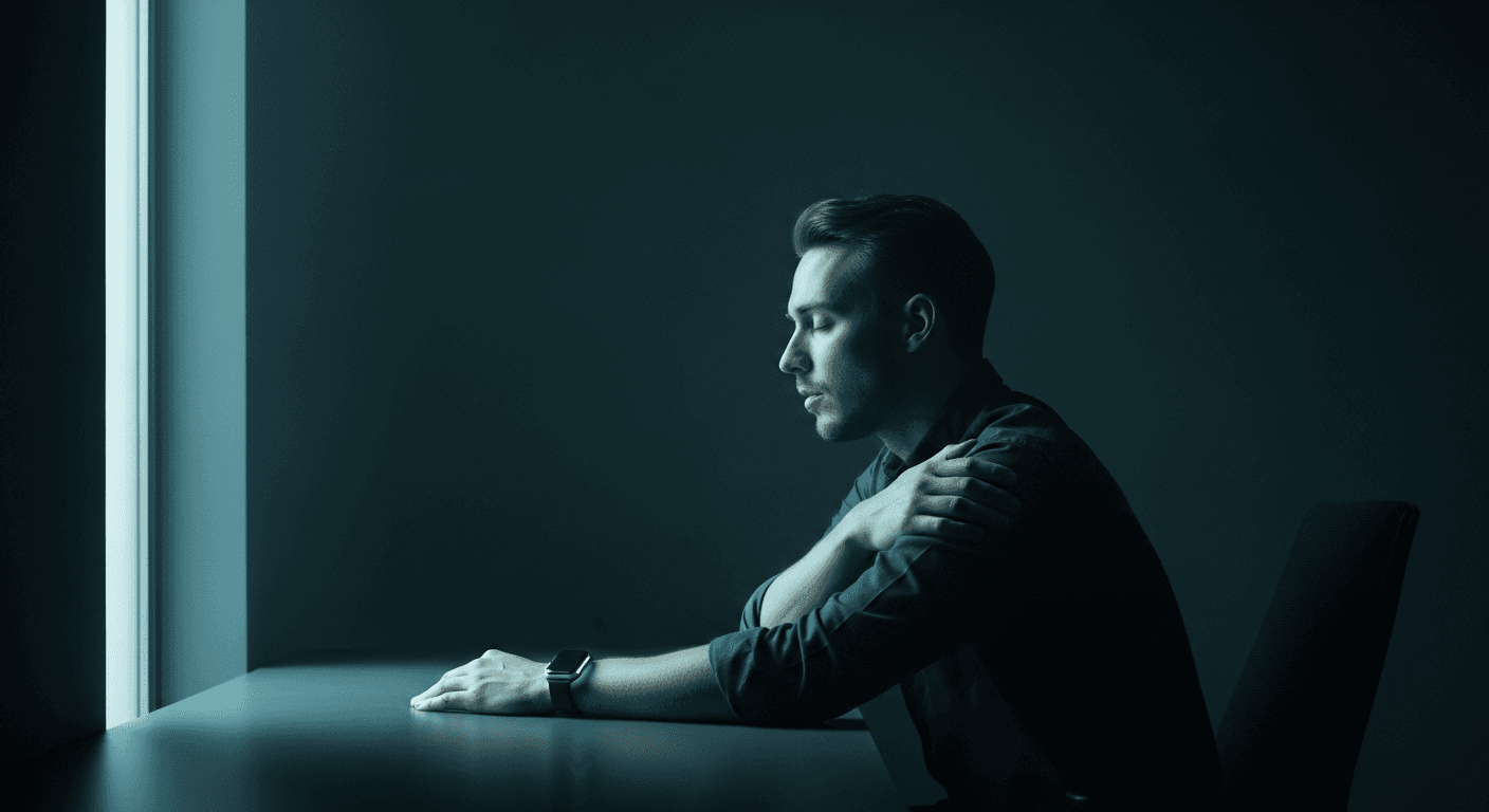 A person at a desk at dusk, eyes closed mid-breath, Apple Watch glowing on the wrist