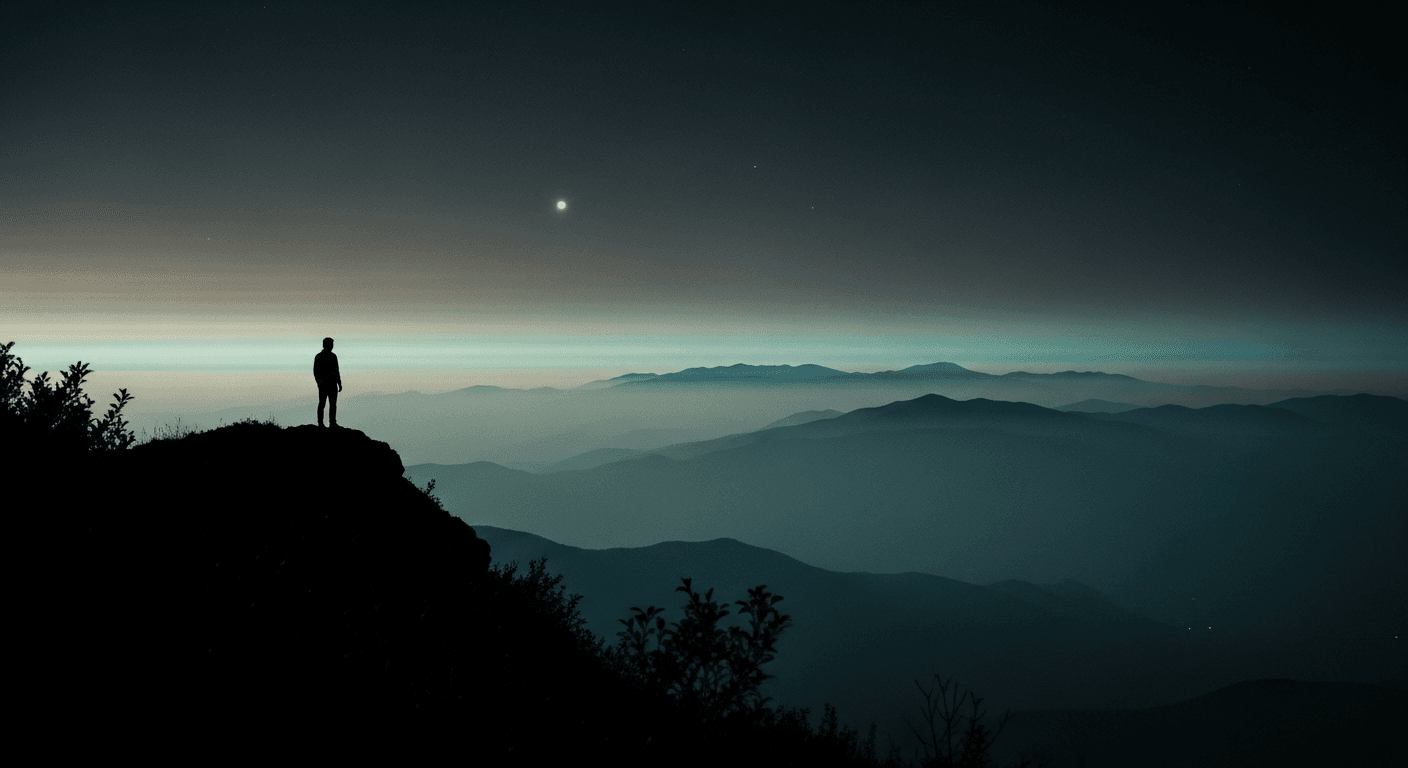 A lone figure at the edge of a misty mountain ridge at pre-dawn