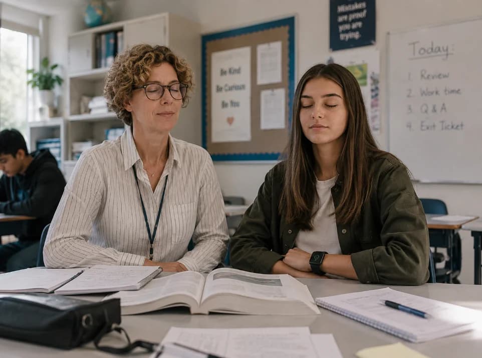 A student or teacher pausing between classes