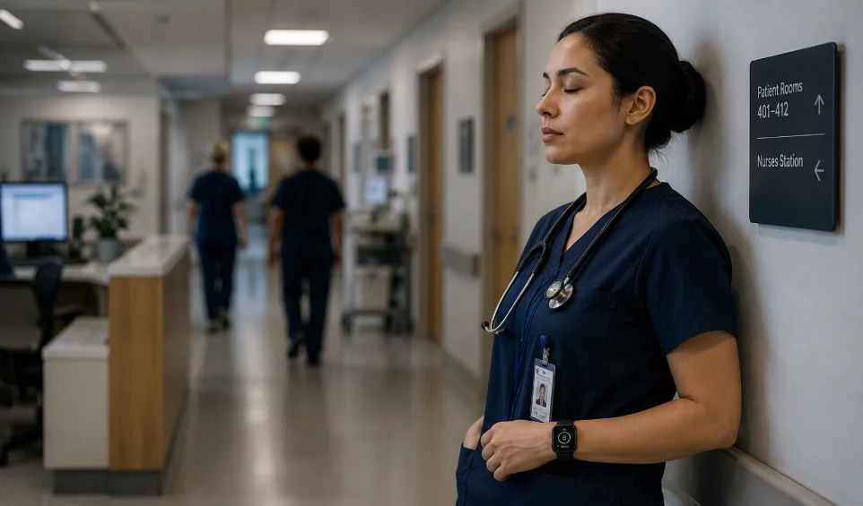 A clinician pausing in a corridor mid-shift
