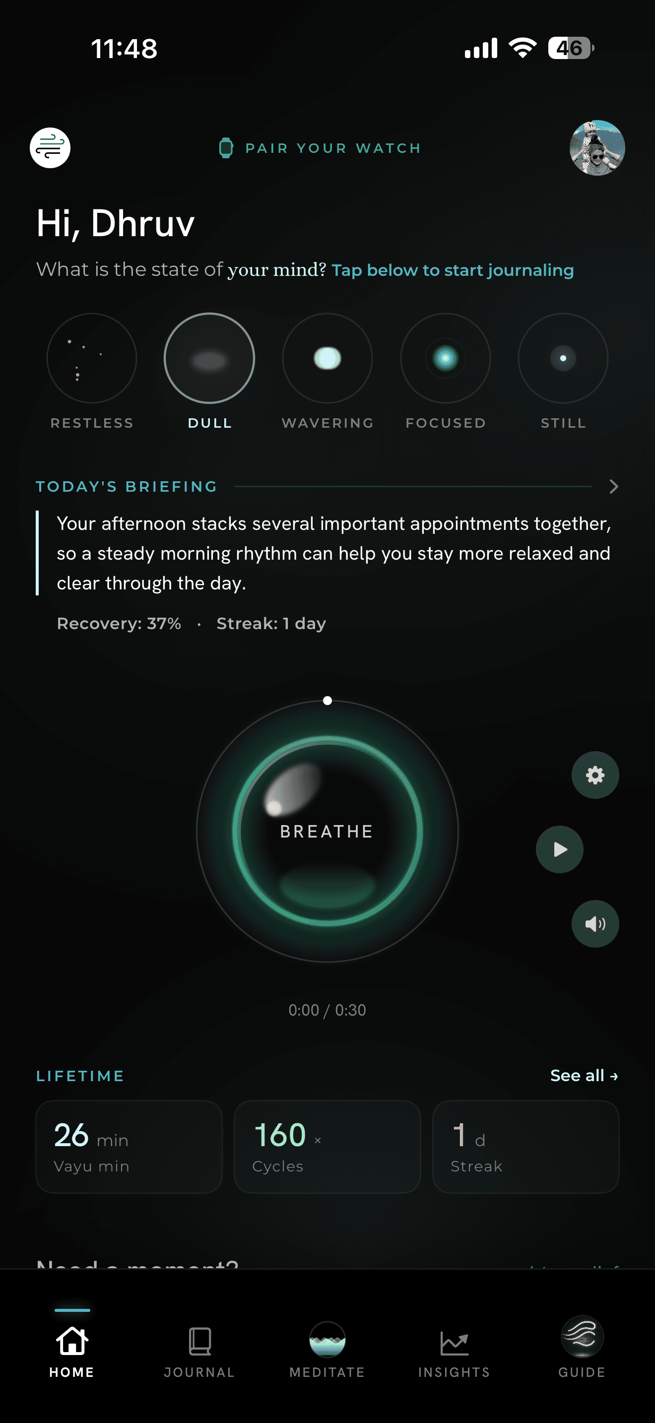 A Vayu breathing session running on iPhone