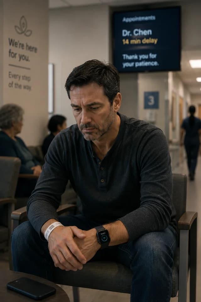 A person breathing quietly in a waiting area