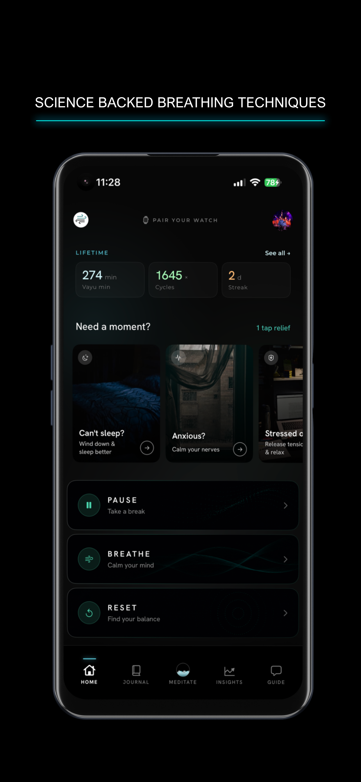 Vayu home screen,science-backed breathing techniques